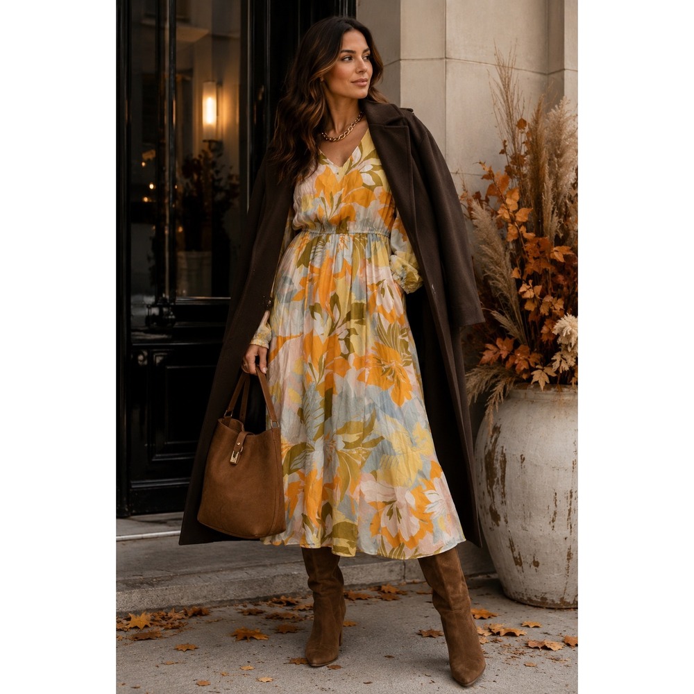 MSK Plus Size 1X Tropical Floral Maxi Dress Yellow Boho Long Sleeve Belted